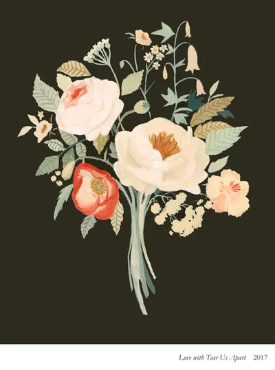 Love Will Tear Us Apart: a bouquet of pale and red roses on black