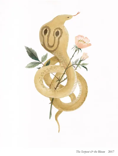 The Serpent & the Bloom: a golden snake coiled around a flowering stem