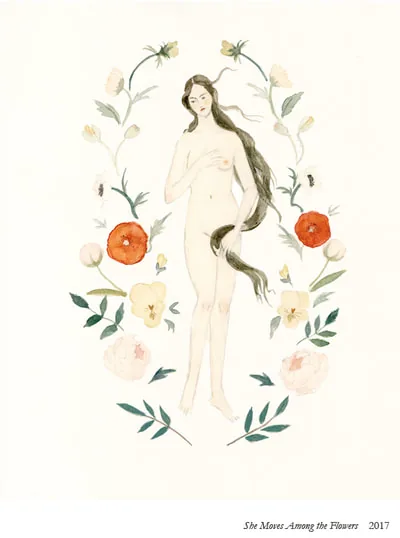 She Moves Among the Flowers: a woman framed by a ring of flowers and leaves
